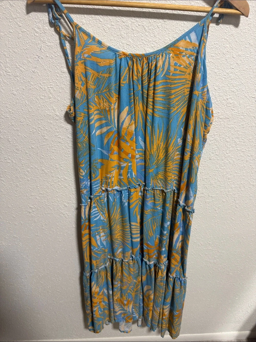 Blue Island Tropical Palm Print Tiered Midi Dress Blue Orange Large Tassel Tie - Picture 7 of 10